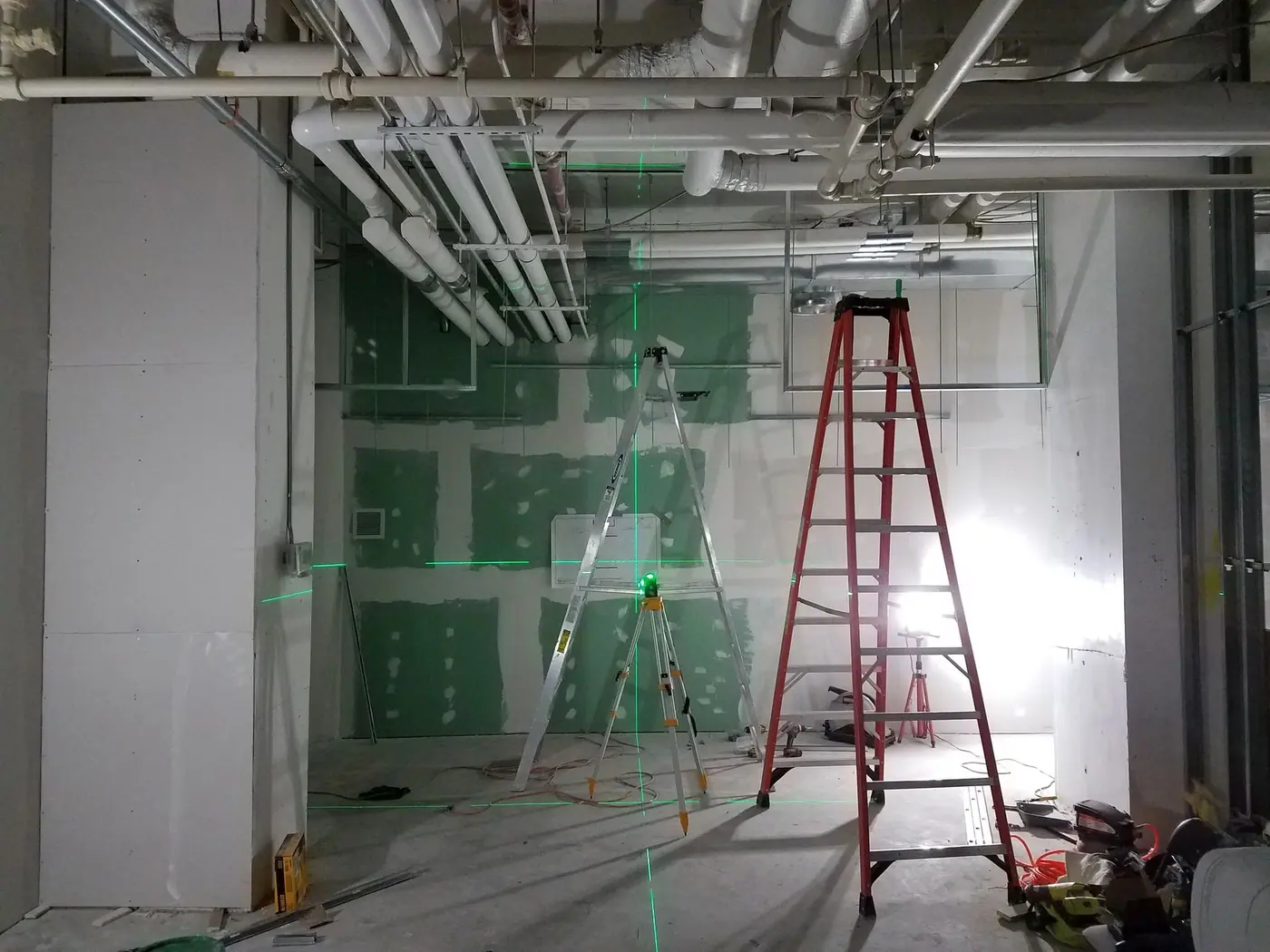 Light metal framing and drywall going up in the Downtown Brooklyn pharmacy build