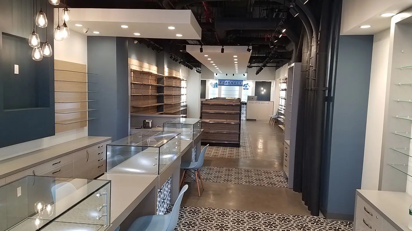 Finished optical display cases and shelving in Downtown Brooklyn