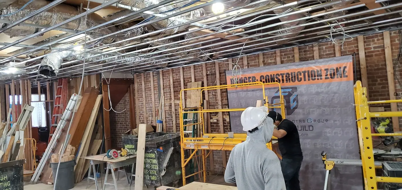 Millwork being staged and cut on site during an Upper East Side restaurant build